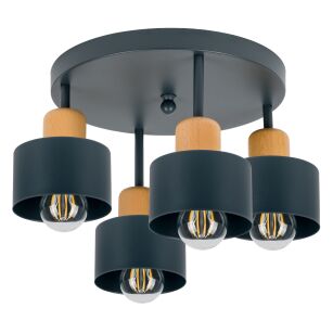 Antracytowa lampa sufitowa, czteropunktowy spot D4BU3030AN z drewna i metalu E27