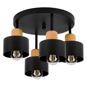Czarna lampa sufitowa, czteropunktowy spot D4BU3030SC z drewna i metalu E27